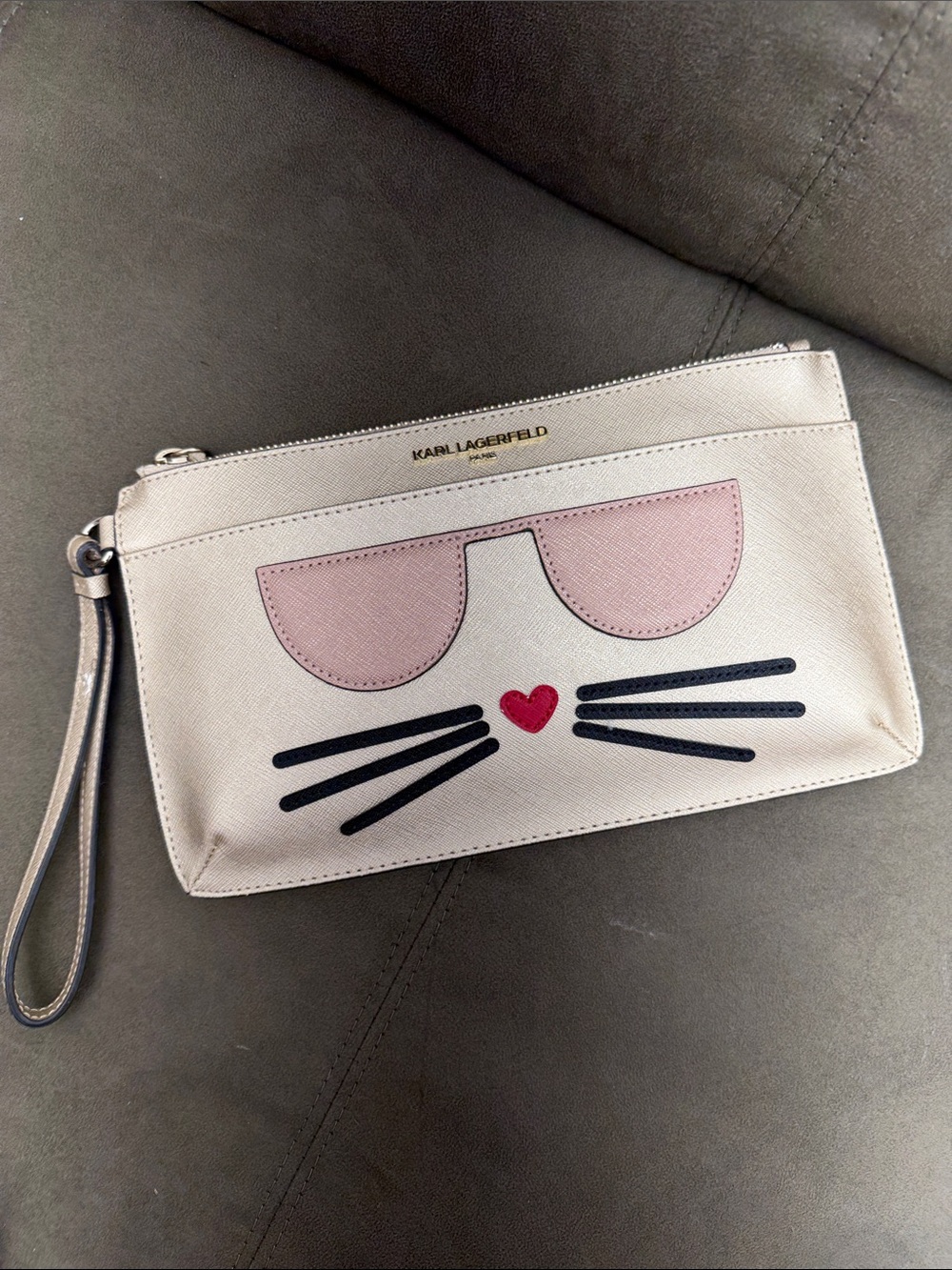 Karl Lagerfeld Paris Gold Metallic Choupette Cat Pouch Wristlet Clutch - EUC